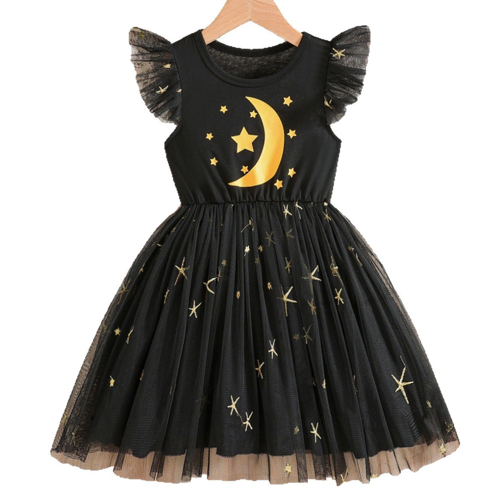 Girls' export mesh dress - black flutter sleeve star print round neck sleeveless princess tutu dress