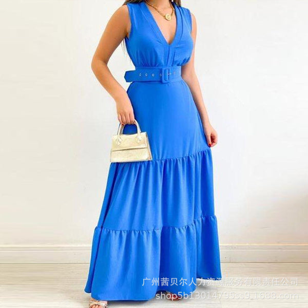 Summer new     wishV neck long dress + belt