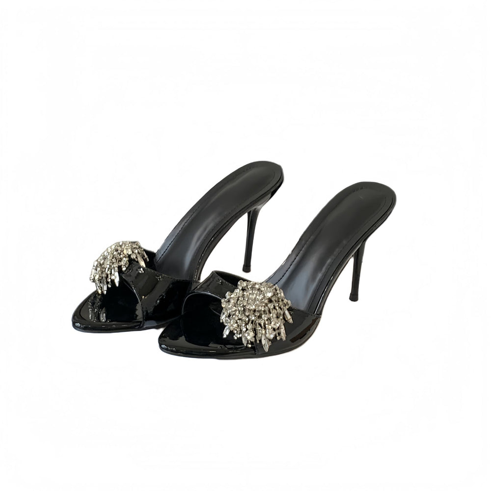 Sexy black high heels stiletto pointed toe elegant fashion one-strap rhinestone sandals women's summer outdoor wear