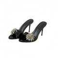 Sexy black high heels stiletto pointed toe elegant fashion one-strap rhinestone sandals women's summer outdoor wear
