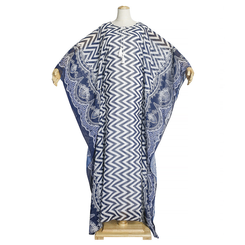 European and american export cross-border e-commerce printed chiffon loose dress african  two-piece set robe + vest
