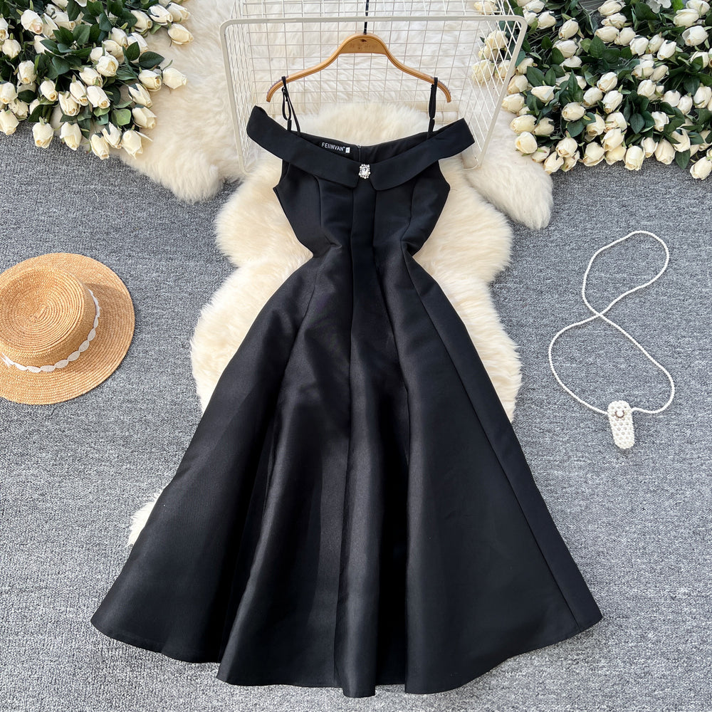 Elegant women's evening gown: high-end off-the-shoulder camisole dress with diamond embellishments, cinched waist, pleated detailing, and a flowing a-line skirt
