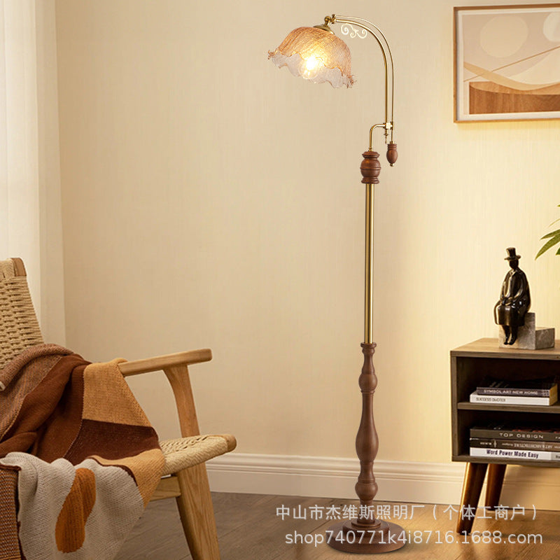 French retro solid wood curved pole floor lamp with pleated lace and soft light – perfect for b&b rooms, studies, and bay windows – wholesale direct from the manufacturer