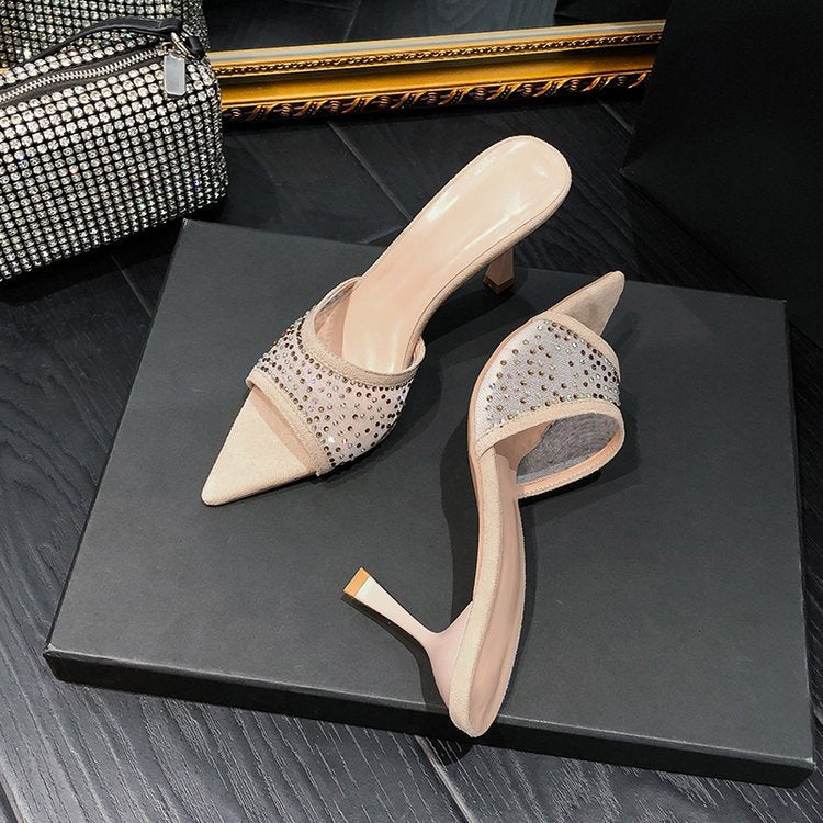 跨境大码尖头水钻时尚高跟凉拖鞋2025夏季新款增高外穿露趾女鞋