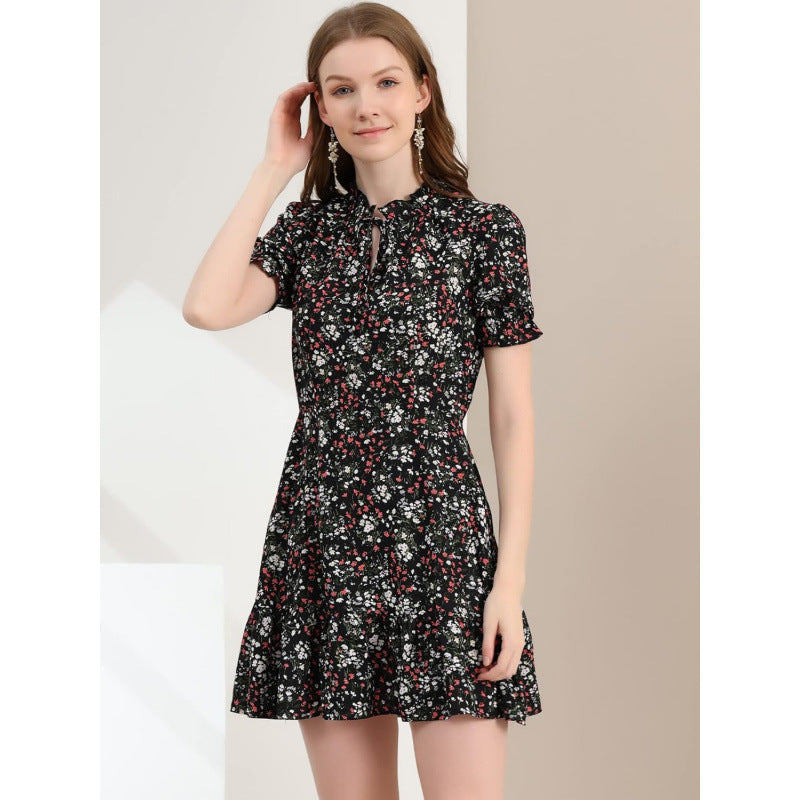 Amazon fashion ruffles bow tie chiffon floral dress  summer new arrival puff sleeve skirt