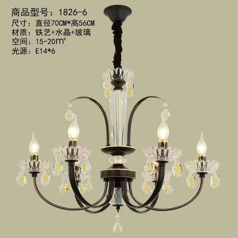 American simple wrought iron living room light luxury creative bedroom dining room light retro crystal light clothing store candle chandelier