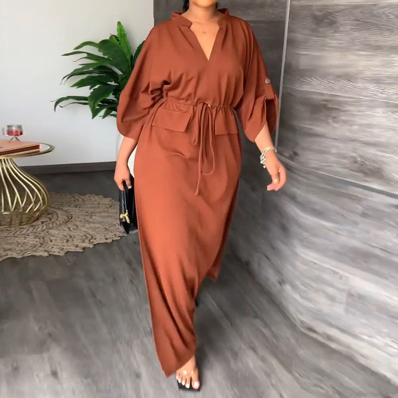cross-border e-commerce women's fashion: european and american summer new arrivals - elegant, chic, solid color high-waisted tie-waist dress