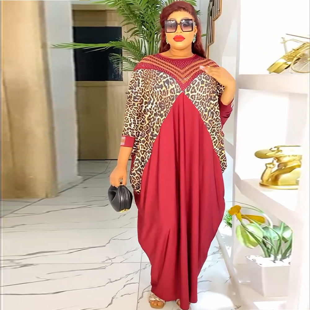 Hot diamond urban casual round neck dress african  women's clothing fat plus size leopard print long robe