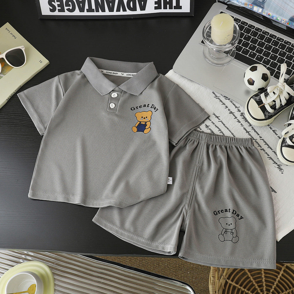 Kids' polo shirt set - boys' and girls' turn-down collar t-shirt, summer waffle knit short sleeve and shorts outfit, wholesale children's clothing (sizes for mid-to-large children)