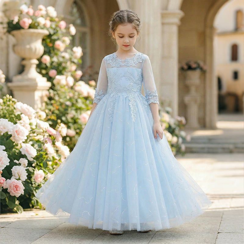 export girls' dresses: lace-trimmed, bestselling flower girl wedding dresses, runway-ready, piano performance outfits with three-quarter sleeves