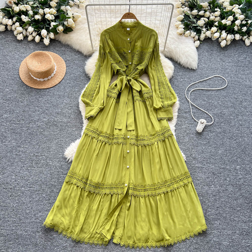 Vintage court style lantern sleeve dress - women's summer hollow-out crochet single-breasted elegant mature lady long dress