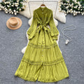 Vintage court style lantern sleeve dress - women's summer hollow-out crochet single-breasted elegant mature lady long dress