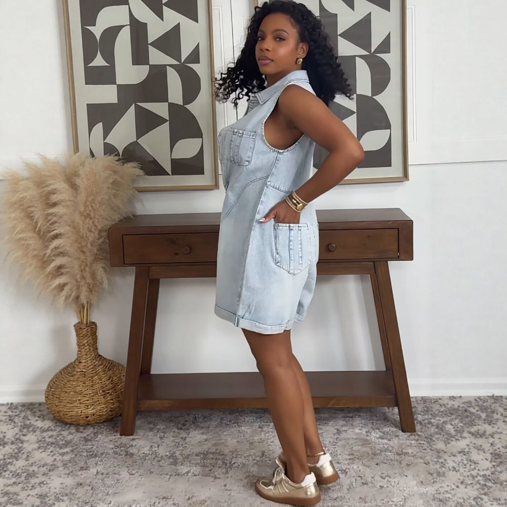 European and american cross-border new denim jumpsuit shorts,  new women's fashion loose turn-down collar sleeveless bodysuit