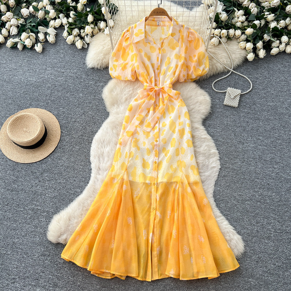 K-style lapel leopard print dress women's summer puff sleeves waist tie back a-line skirt elegant shirt skirt