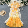 K-style lapel leopard print dress women's summer puff sleeves waist tie back a-line skirt elegant shirt skirt