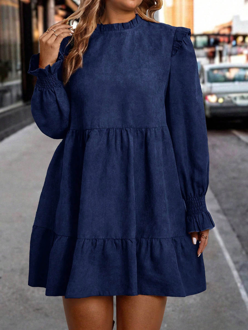 retro texture plus size doll skirt with fungus edge round neck lantern long sleeves looseeasiest for match