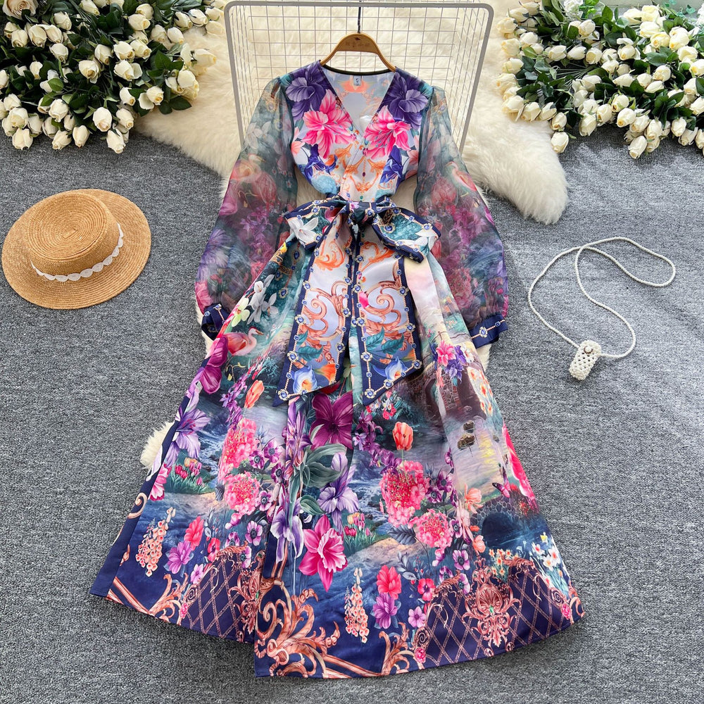 Palace retro design cross v neck mesh lantern sleeves strappy waist printing large swing puffy fashiondress