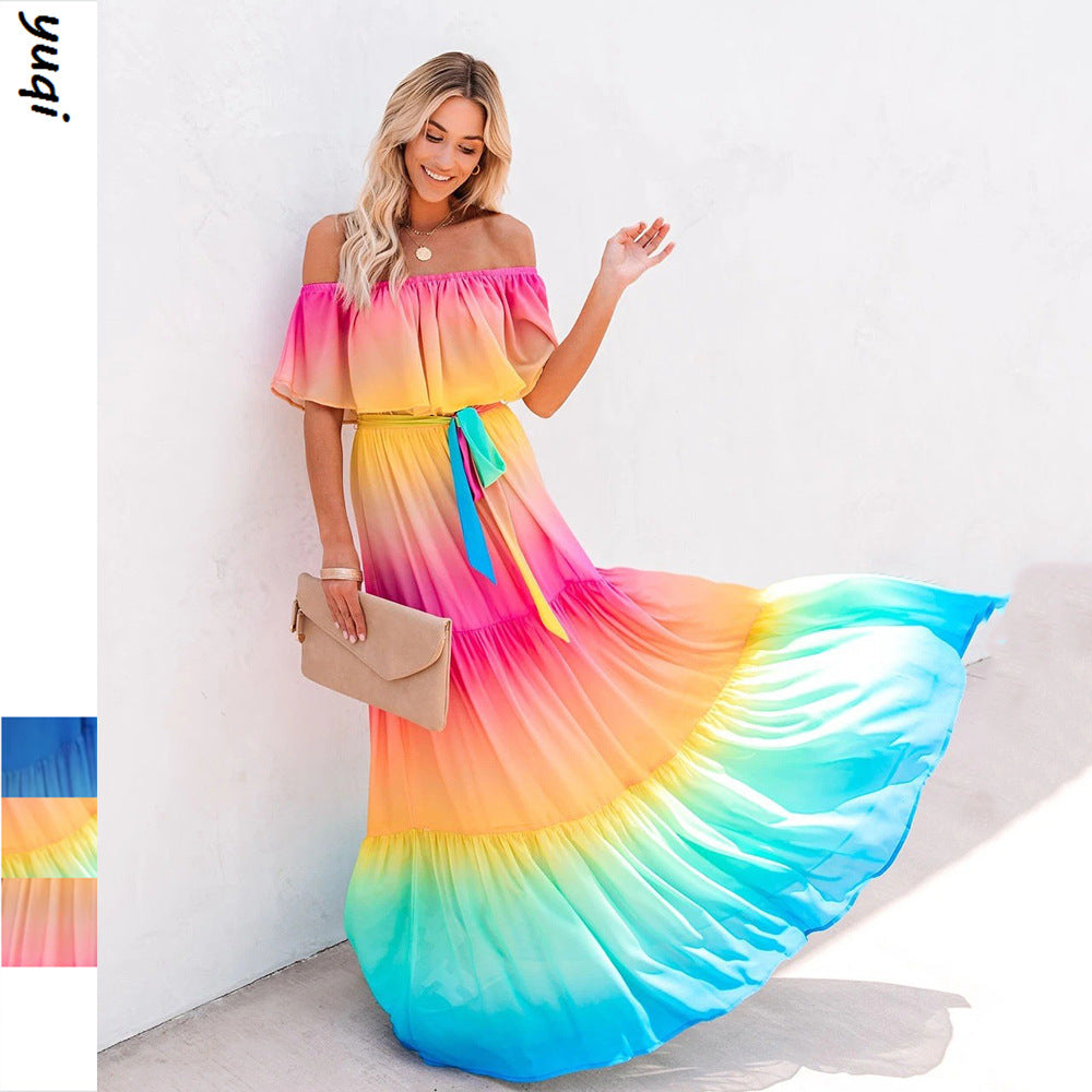new foreign trade  style printed maxi dress gown   off-the-shoulder cross-border fashion dress