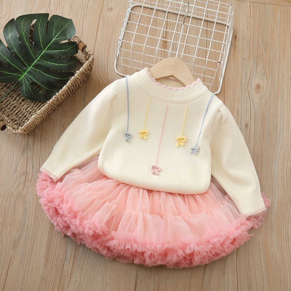 fall/winter new girls' sweater and tutu skirt set - handmade floral knitted outfit for little girls