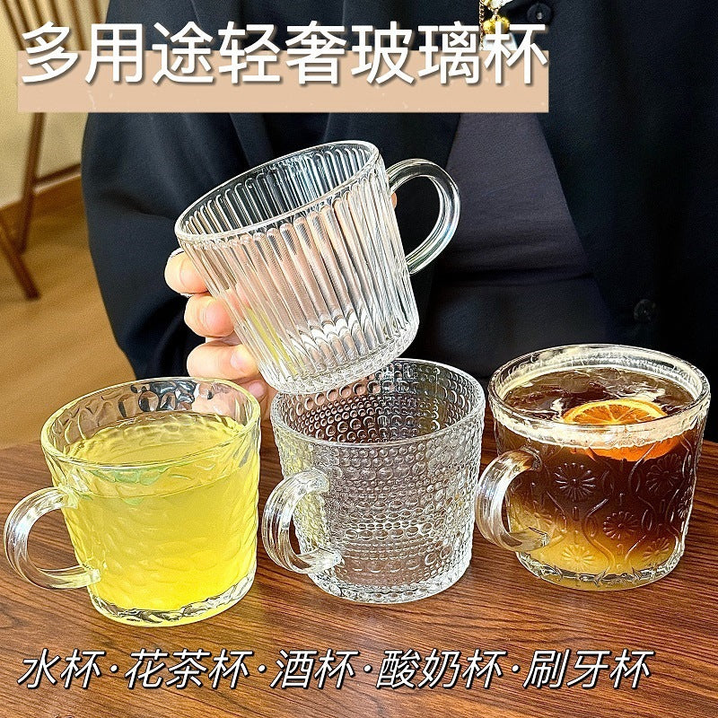 Ins glass cup with handle for home breakfast cup popular embossed water cup good-looking coffee cup souvenir cup