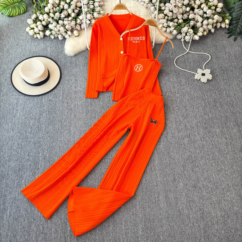 Autumn/winter minimalist embroidered v-neck long sleeve knit top with camisole + high-waisted slimming wide-leg pants three-piece set for women