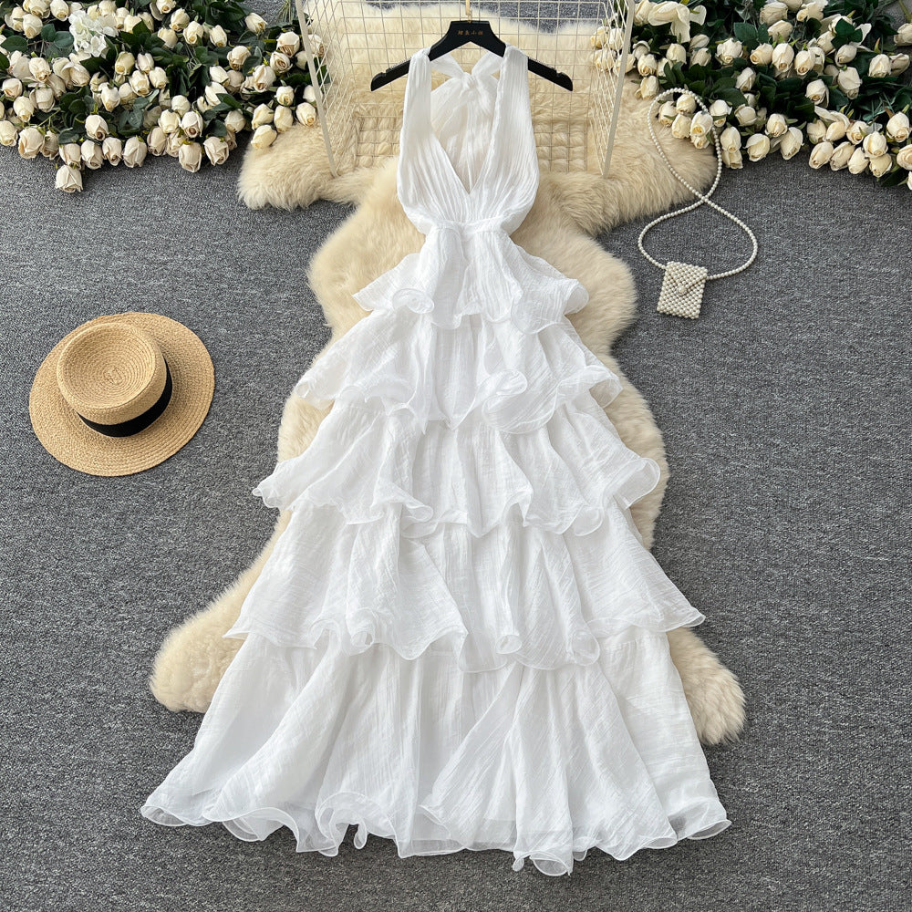 Frenchelegant atmosphere deep v neckhalter strap backlessdress women's waist slimming lookruffles suspender skirt