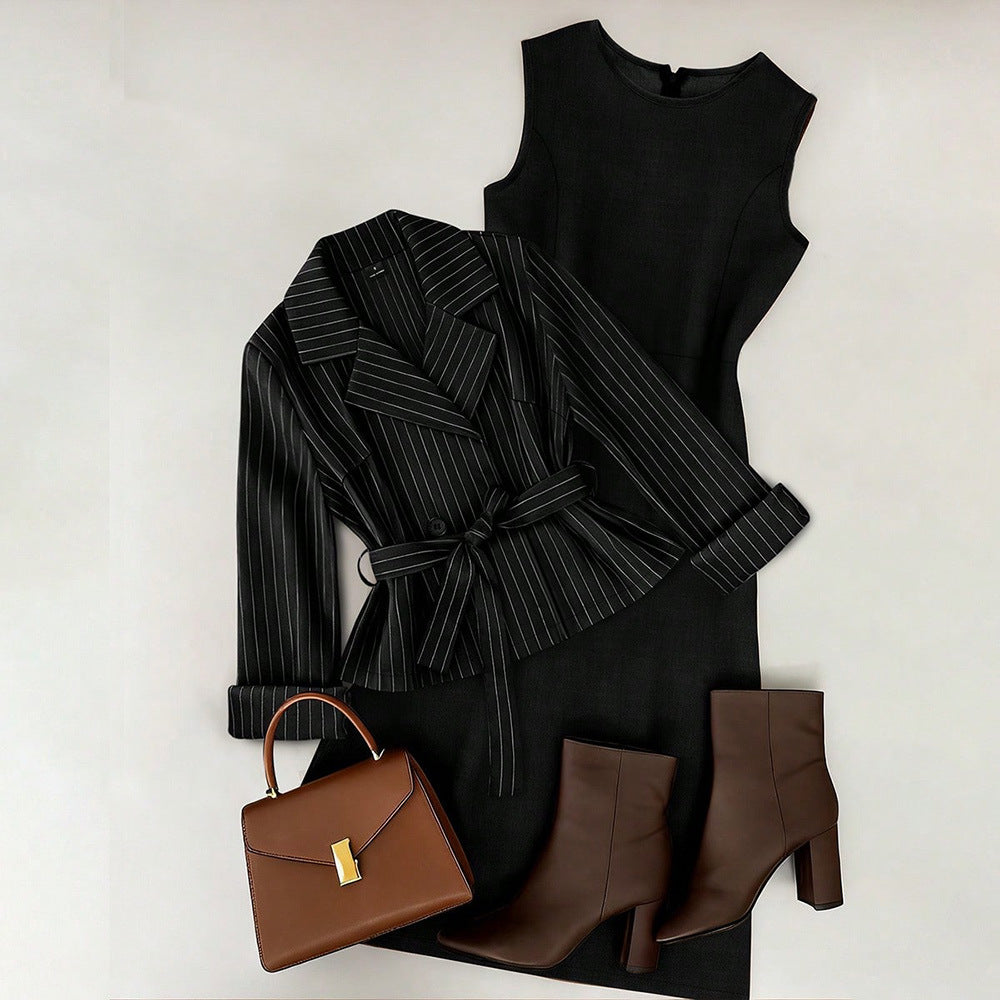 fashion  spring new women's two-piece set tie back suit + solid color skirt suit