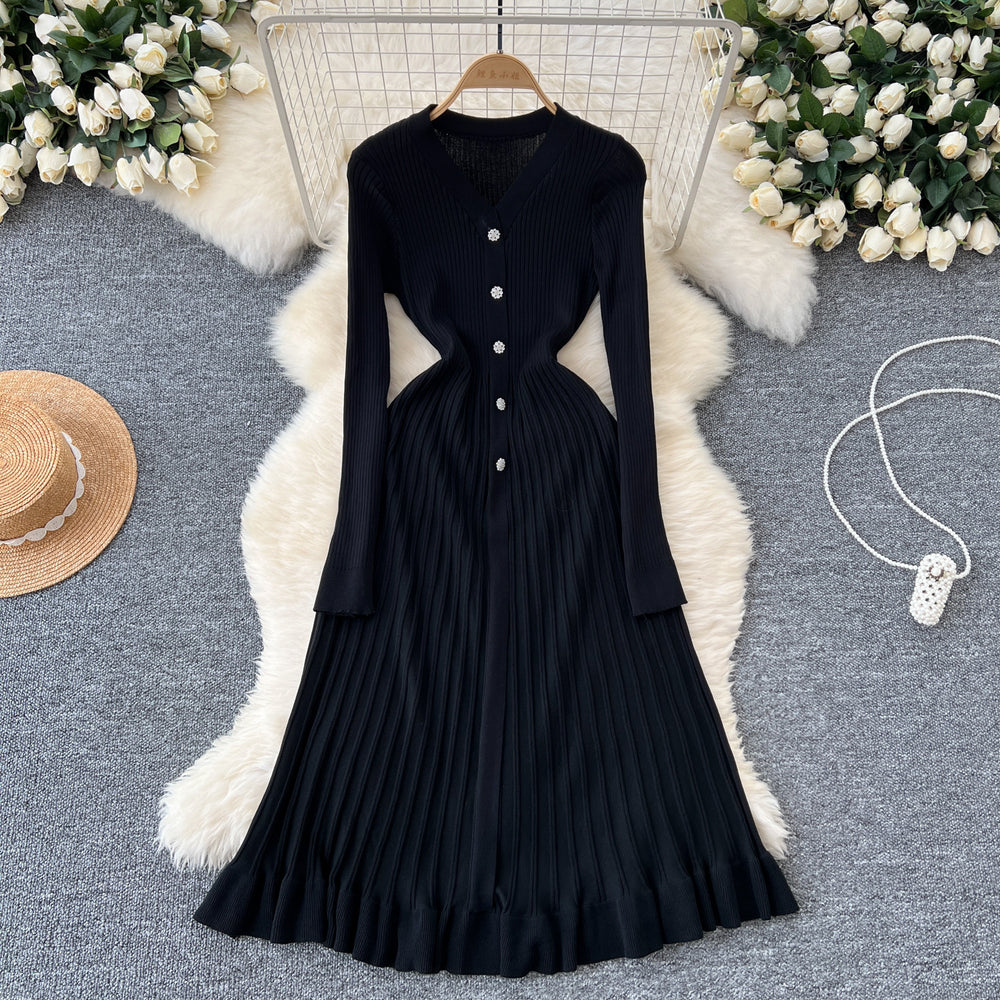Fall and winter inner wear knittingdress female socialite elegantclassy sense v neck single breasted waist slimming looksweater long skirt