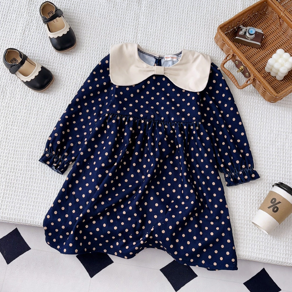 Trendy girls' dress - new autumn collection: long-sleeved, color-blocked polka dot princess dress for baby girls - chic autumn/winter style