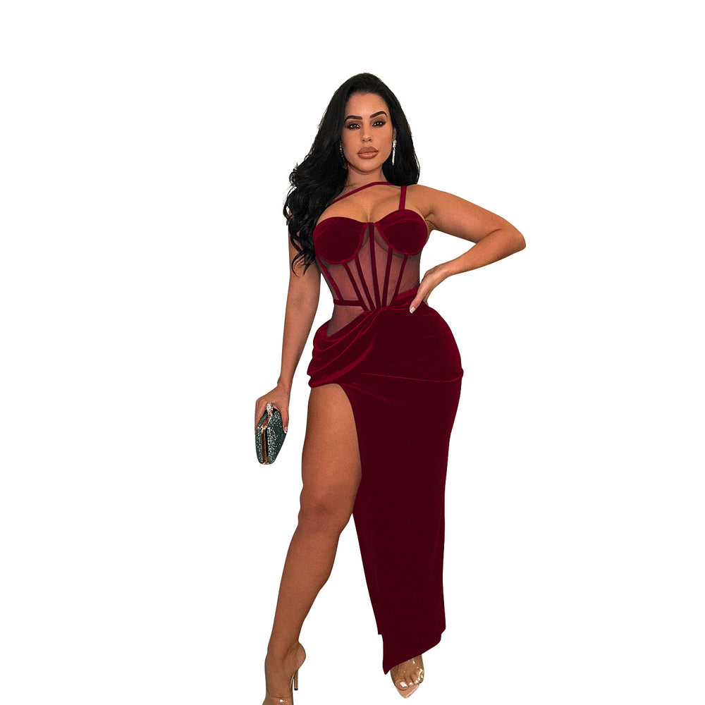 C6732 cross-border   fashion women's solid color mesh suspender slit maxi dress