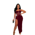 C6732 cross-border   fashion women's solid color mesh suspender slit maxi dress