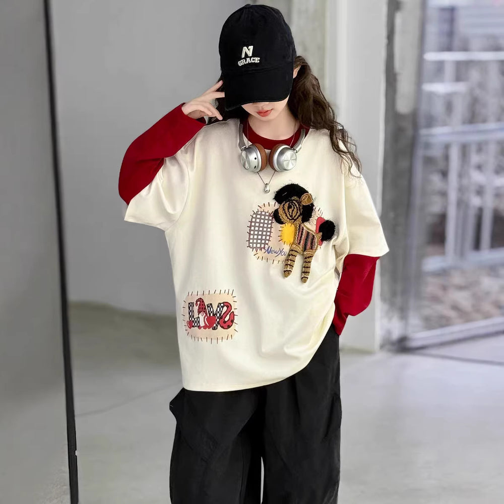 Processing personalizedgirlspringpatchworksweatshirtgirlfake two-piecetrendy single topskidsnew arrivalpullover shirttrendy