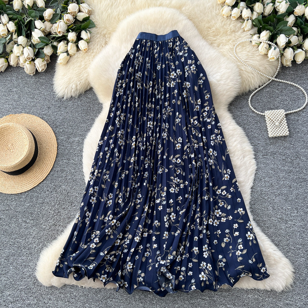 K-style floral high waist elastic waist a-line pleated skirt women's spring summer mid-length skirt slimming look large swing work clothing skirt