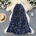 K-style floral high waist elastic waist a-line pleated skirt women's spring summer mid-length skirt slimming look large swing work clothing skirt