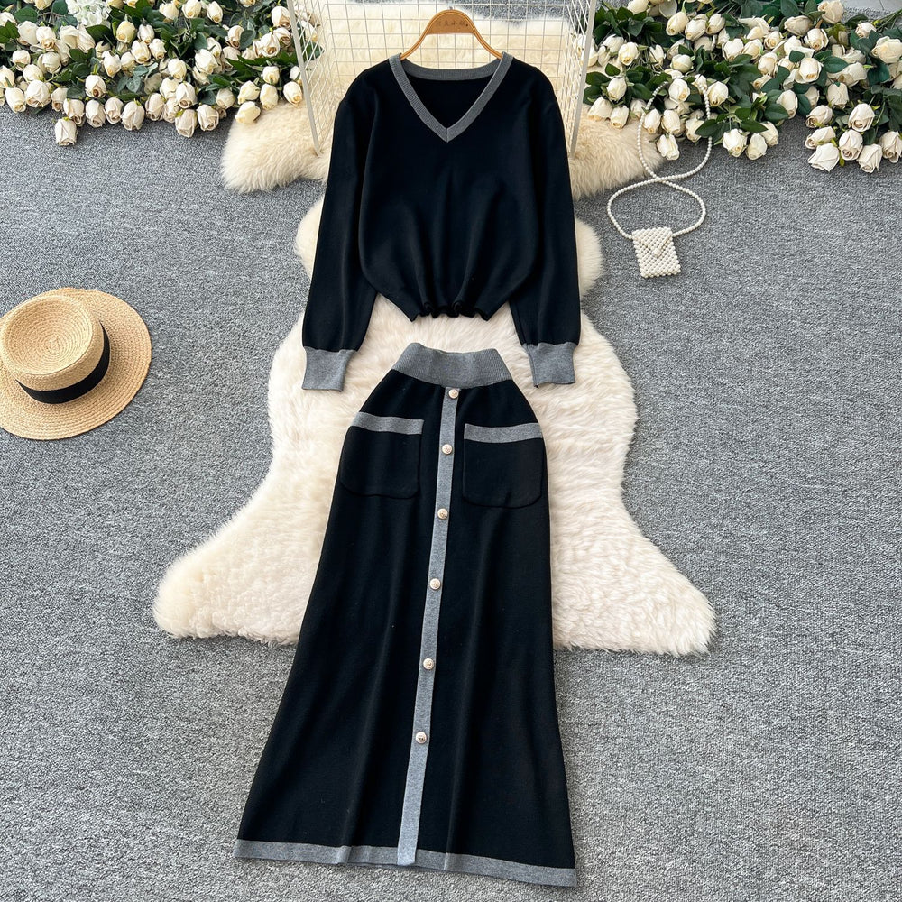 Xiaoxiangfengfashionablesuitfemaleautumclassy sense loosecontrast colorv necklong sleevesknitting shirt single breasted skirt