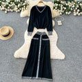 Xiaoxiangfengfashionablesuitfemaleautumclassy sense loosecontrast colorv necklong sleevesknitting shirt single breasted skirt