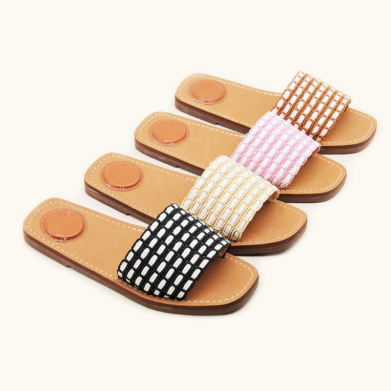 Ladies slippers Burundi Spot Summer One-word Belt Woven Flat Bottom Casual Women's Sandals Foreign Trade
