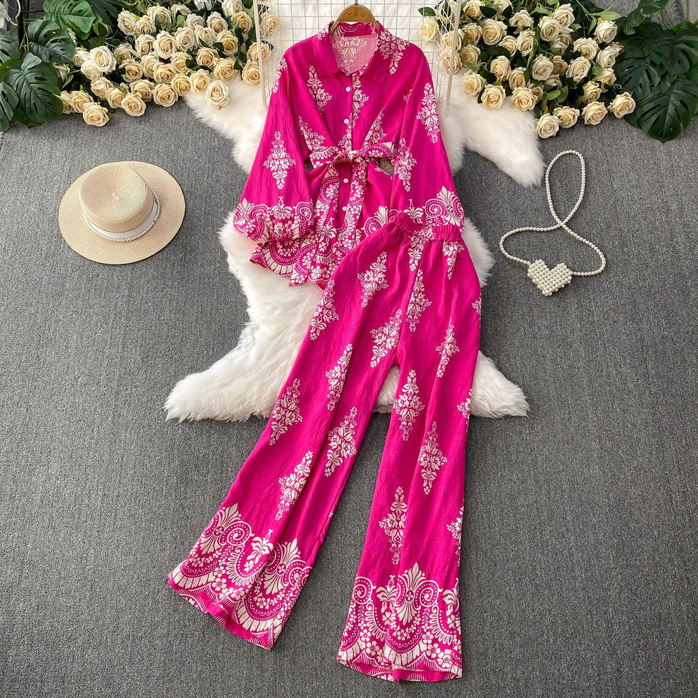 retro style printed lantern sleeve sun protection shirt with turn-down collar and cinched waist + high-waisted slimming wide-leg pants set