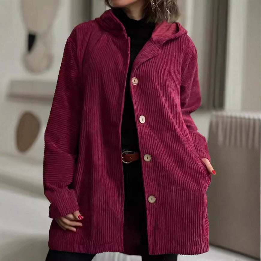 cross-border fashion women's autumn/winter new arrivals: -style hooded, loose-fit corduroy casual jacket for women