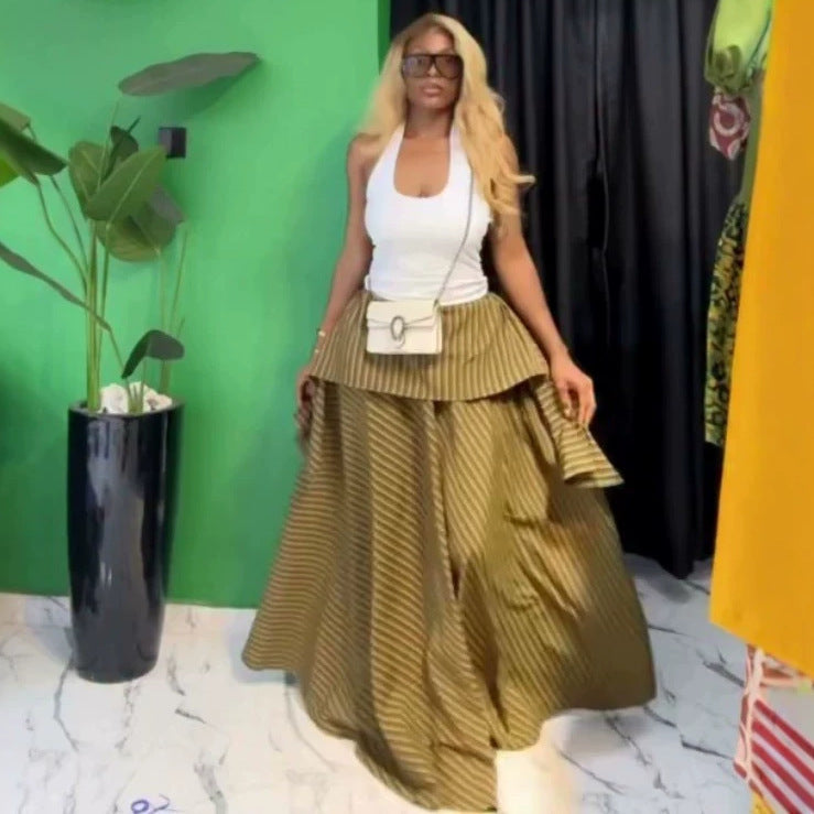 European and american cross-border women's fashion:  summer new arrivals - high-waisted, slimming, striped, asymmetrical a-line maxi skirt