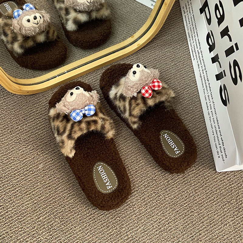 New warm autumn/winter bear fuzzy slippers for women, leopard print soft plush comfort slippers, home cotton slippers