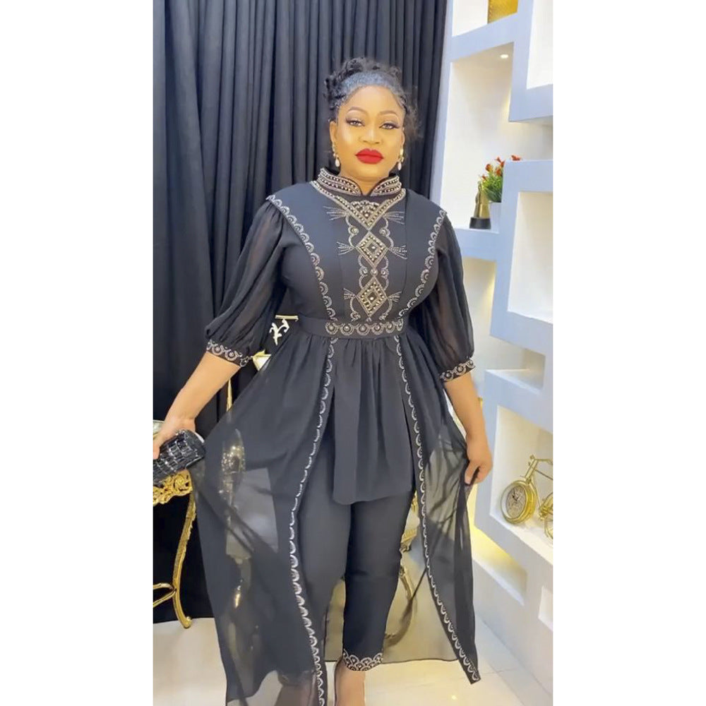 new autumn/winter rhinestone & beaded african  women's plus size irregular maxi dress + pants two-piece set