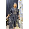 new autumn/winter rhinestone & beaded african  women's plus size irregular maxi dress + pants two-piece set