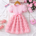 Girls' dress for toddlers and young children, pearl-embellished short-sleeve rose dress