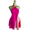 European and american cross-border women's fashion  summer new color block floral sleeveless halter neck backless tie-up mini dress