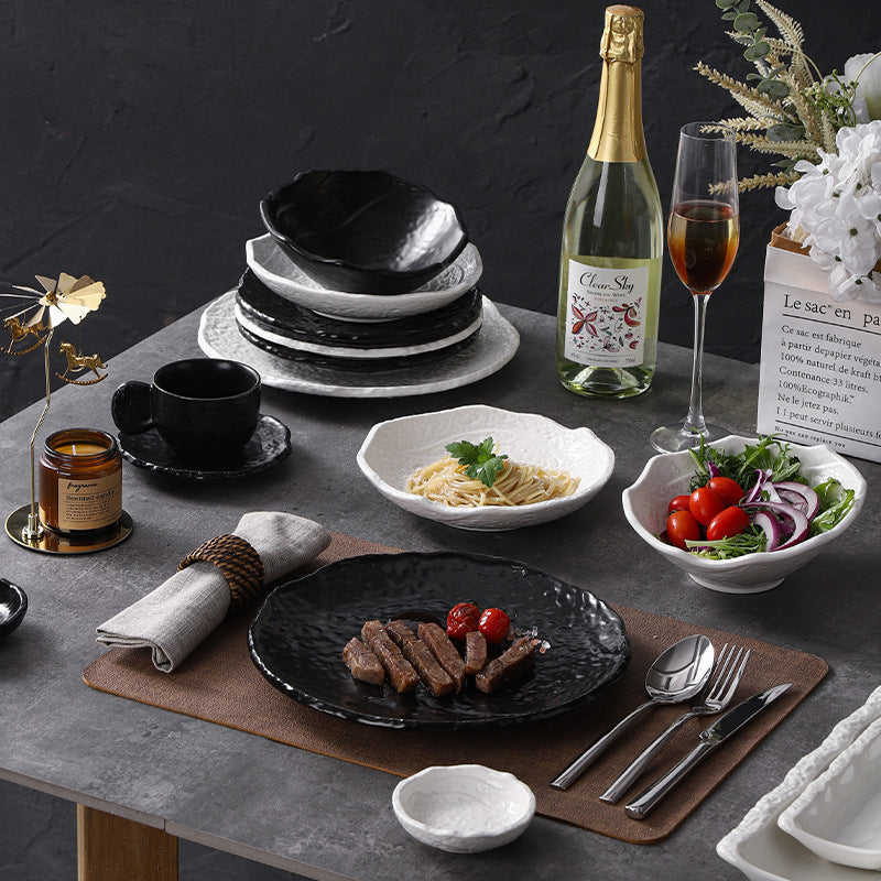 Rock texture minimalist ceramic western dinnerware black and white bowls plates dishes restaurant hotel high-end plating fruit salad bowl