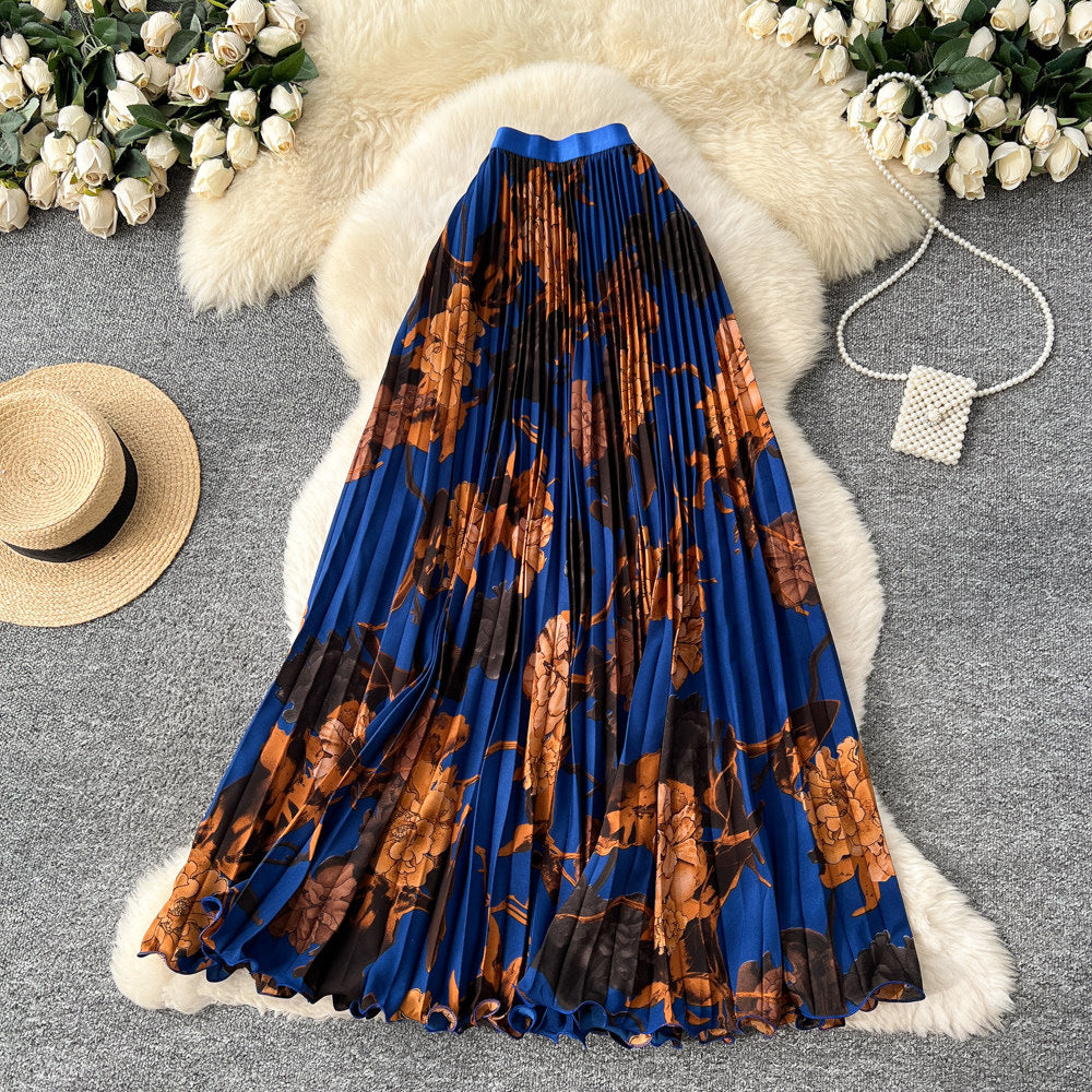 Vintage print pleated elastic waist fashion skirt - women's high-waisted a-line skirt - commute-friendly, flowy maxi skirt for summer