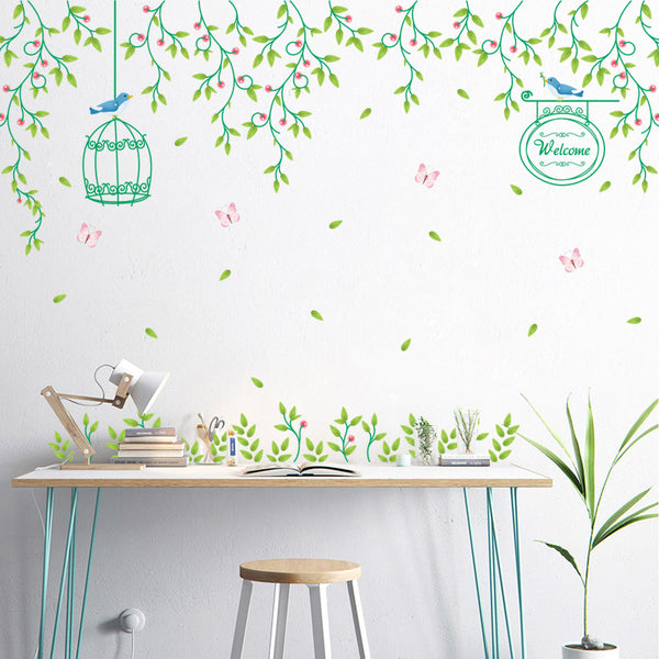 Small fresh and romantic flower vine birdcage wall sticker, bedroom living room background warm decorative wall sticker XL8330
