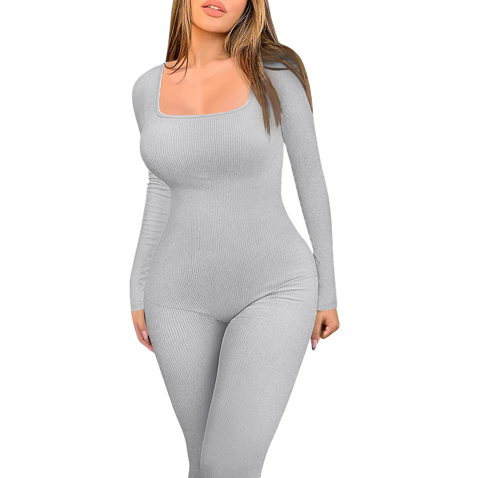 2024  women's clothing solid color long-sleeved vest onesie threaded square neck backless hip-lifting slim-fitting sports jumpsuit