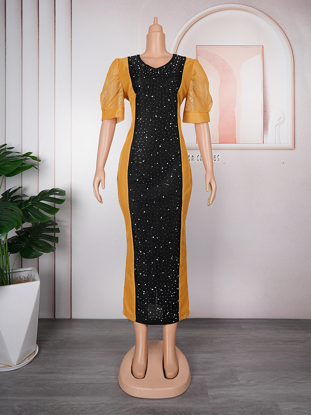 heavy industry hotfix rhinestone color block patchwork dress - african plus size women's elegant commute dress